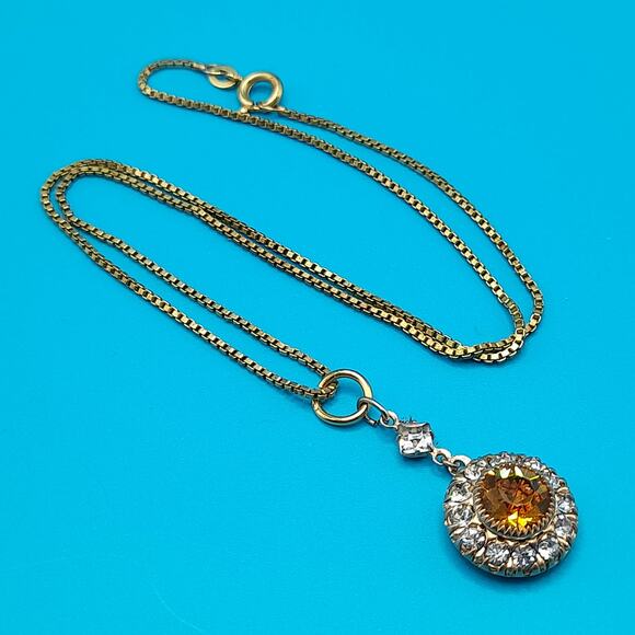 Vintage Light Topaz Rhinestone Pendant Necklace, Amerik FBM, Gold Filled Jewelry - Picture 2 of 10